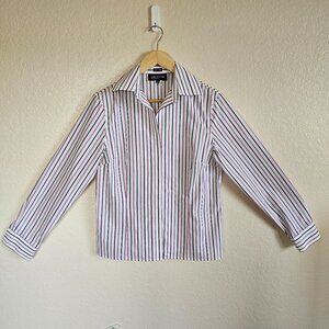 Jones New York Striped Button Up Shirt Collar Non-Iron White Pink Women's 10